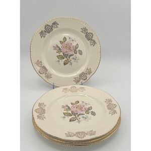 4 Homer Laughlin Queen Esther Luncheon Plate 9" 22K Gold Trim Pink Flower